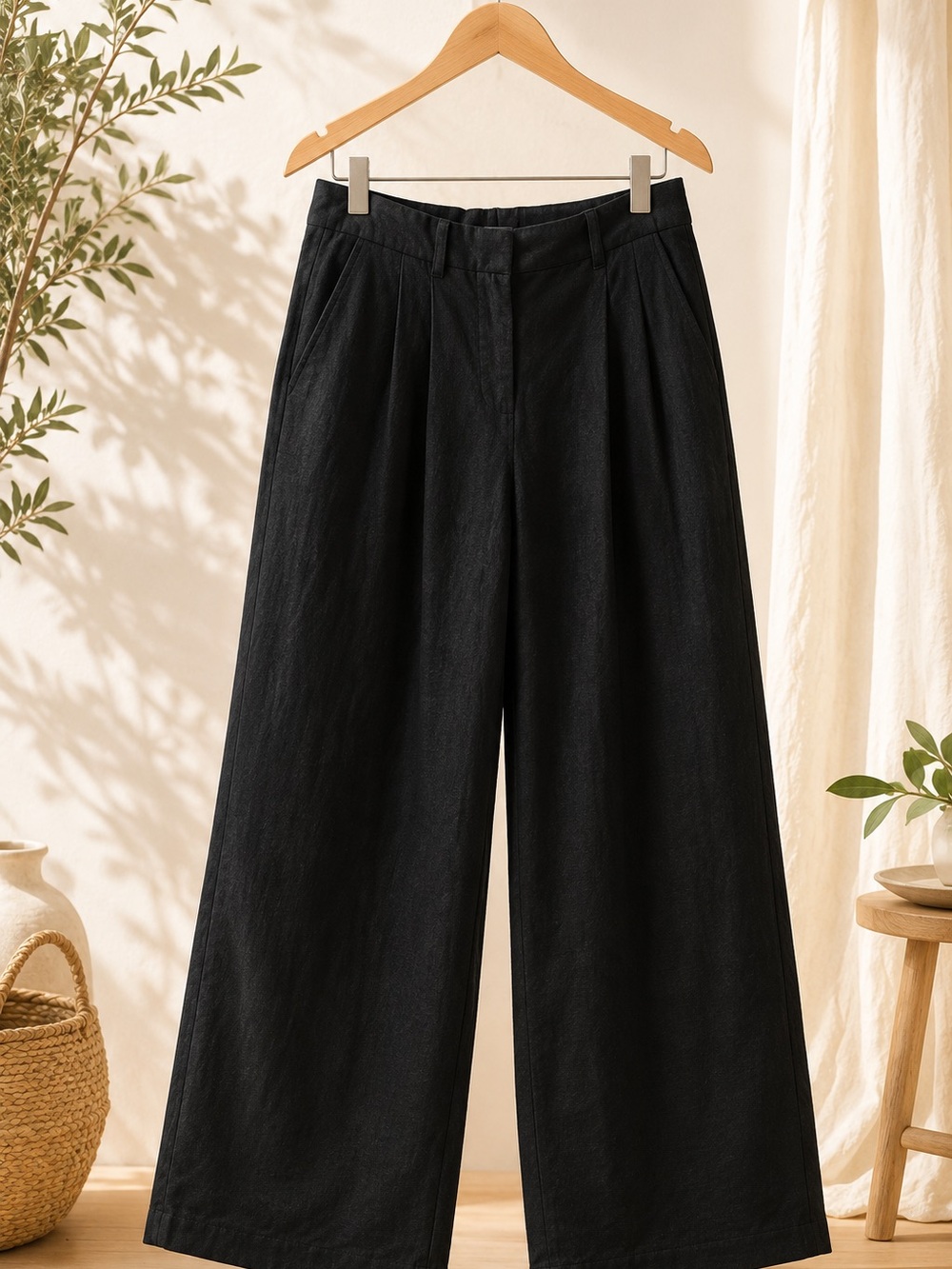 Old Navy Black Linen Blend Wide Leg Cropped Trouser Pants Medium High Rise